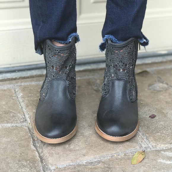 Black Eyelet Distressed Leather Crochet Boho Boot - Picture 2 of 6